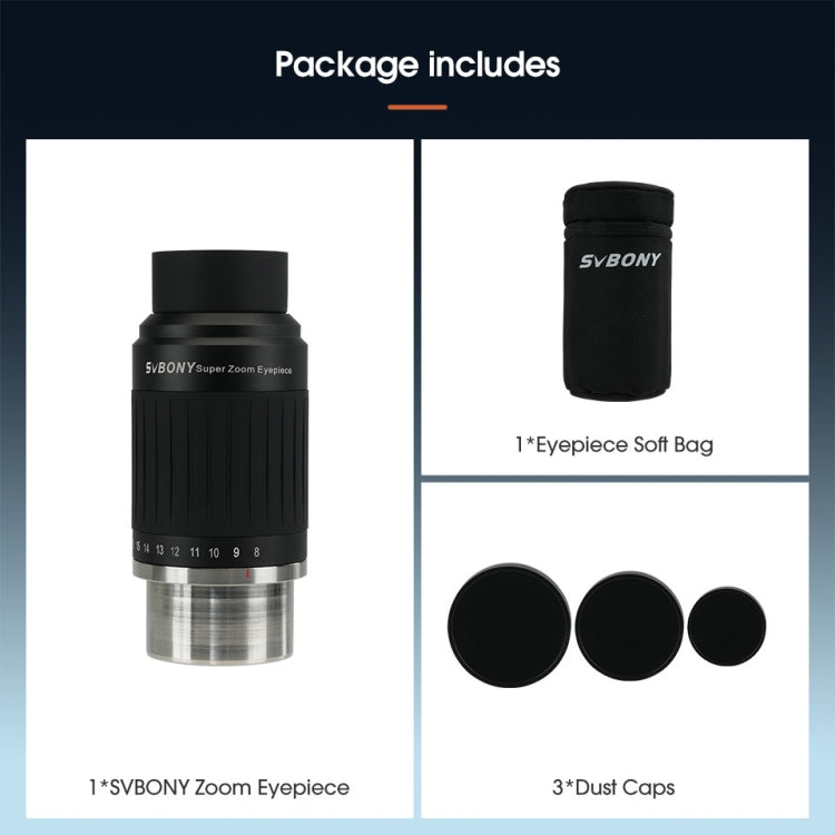 SVBONY SV230 1.25/2 Inch Universal Astronomy Wide Angle Zoom Eyepiece 8-20mm 57-72 Degrees
