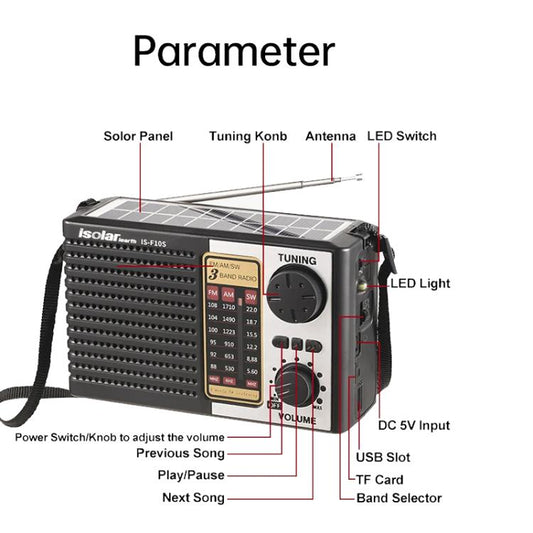 Radio FM/AM/SW toutes bandes alimentée par énergie solaire Isolariearth IS-F10S avec haut-parleur Bluetooth et lampe de poche