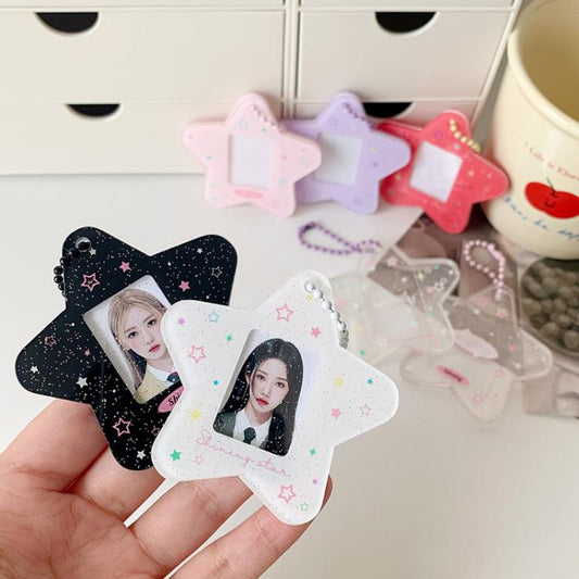 Hisocute Cartoon Pentagram 1 Inch Photo Frame Pendant Students Keychain Chasing Star Card Holder Pendant(White Stars)