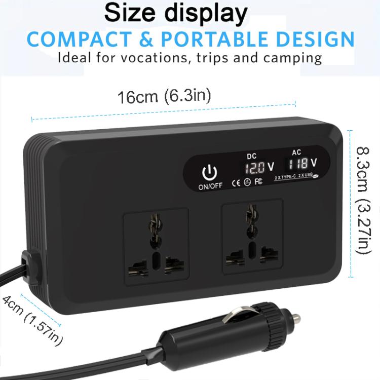 Gurxun Dual Digital Display Car Inverter With 2 USB+2 Type-C Ports Universal Plug 220V