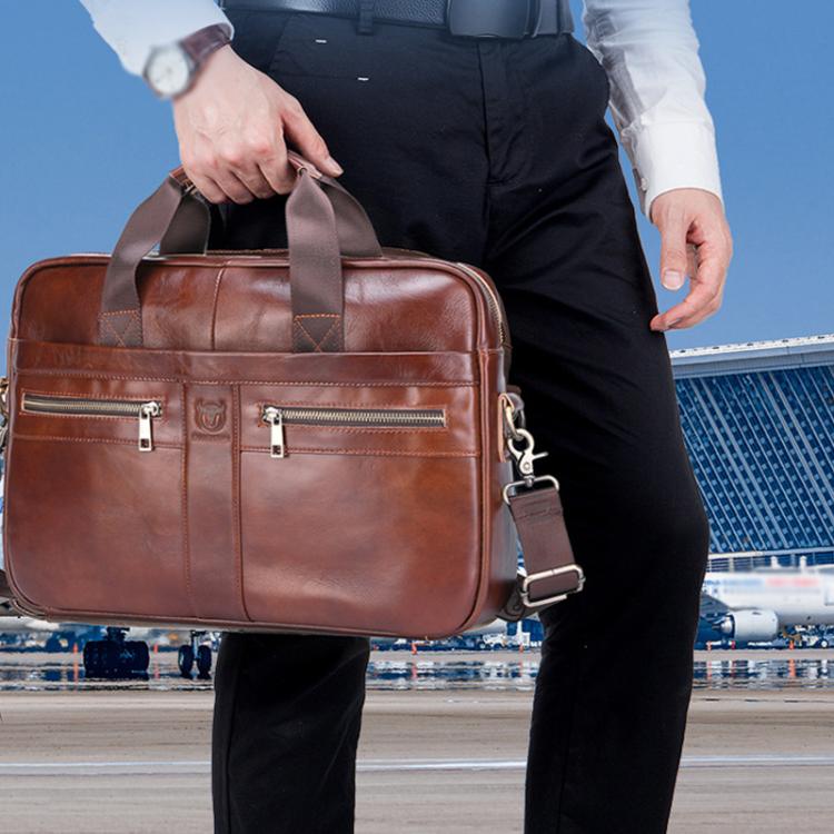 BULL CAPTAIN 054 Large Capacity Retro Business Top Layer Cowhide Hand-held Briefcase(Black Metal)