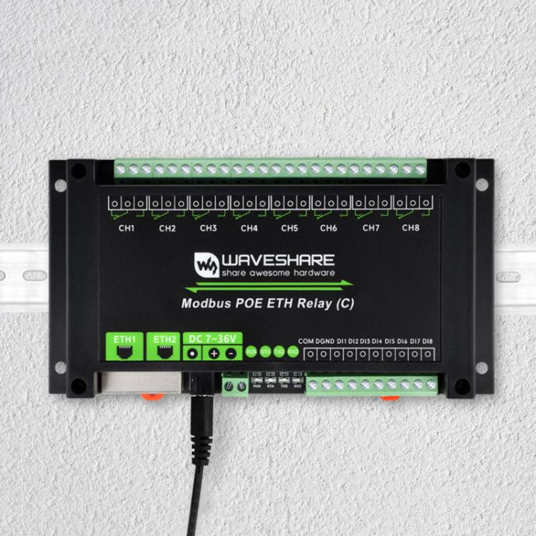 Waveshare Industrial Dual Ethernet Ports 8-ch Relay Module(C), PoE Power Supply(30544)