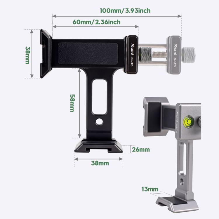 XILETU XJ-T8 Pince de support de téléphone en métal avec griffe froide, trou de vis 1/4 pouce et base compatible Arca-Swiss (gris)