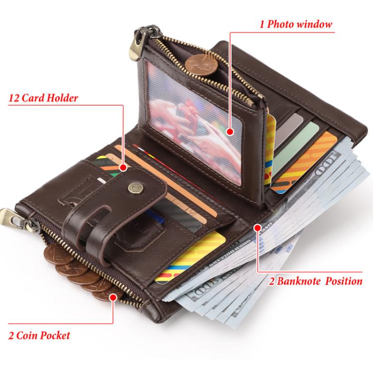 HUMERPAUL BP778 Short Leather Wallet RFID Tri-fold Double Zipper Coin Purse(Brown)