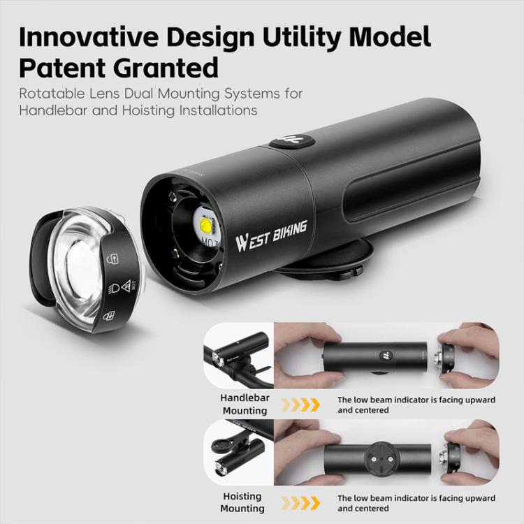 WEST BIKING Bicycle High-Brightness Rechargeable Headlight With Power Reminder Rotatable Function, Spec: 800 Lumens