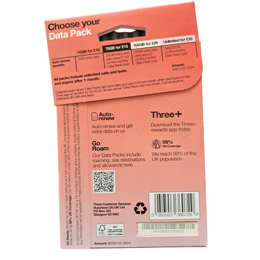 Trois cartes SIM prépayées (Three) – 15 £
