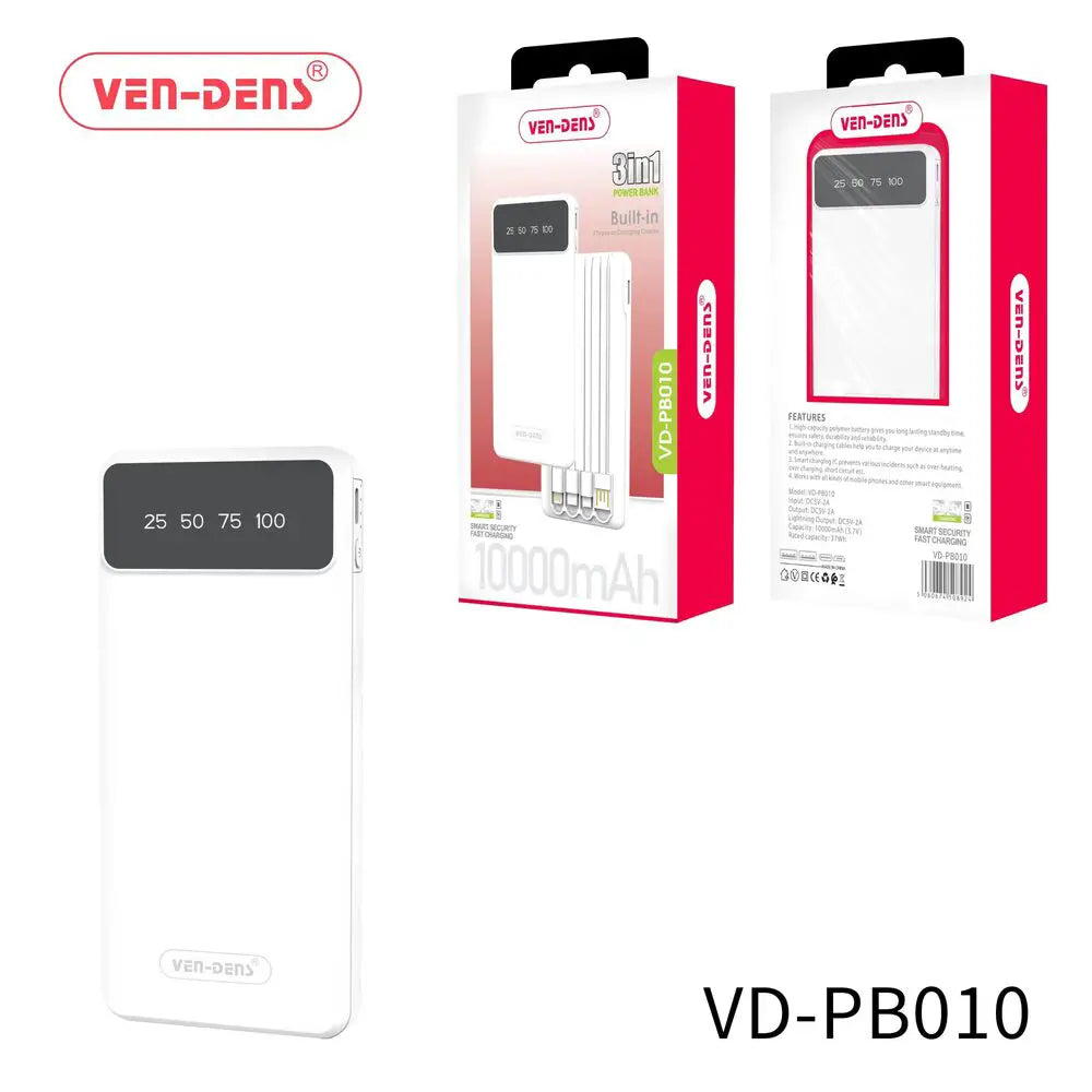 Portable Power Bank 10000mAh – 3 in 1 Fast Charger with 4 Cables