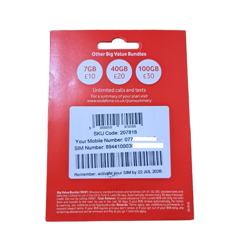 Vodafone Pay As You Go Sim Card 30 Day Bundle - £15