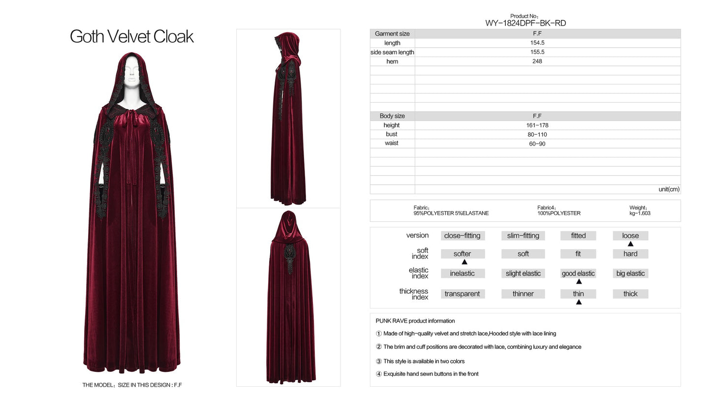Punk Rave Seraphiel Gothic Velvet Cloak – Blood Red