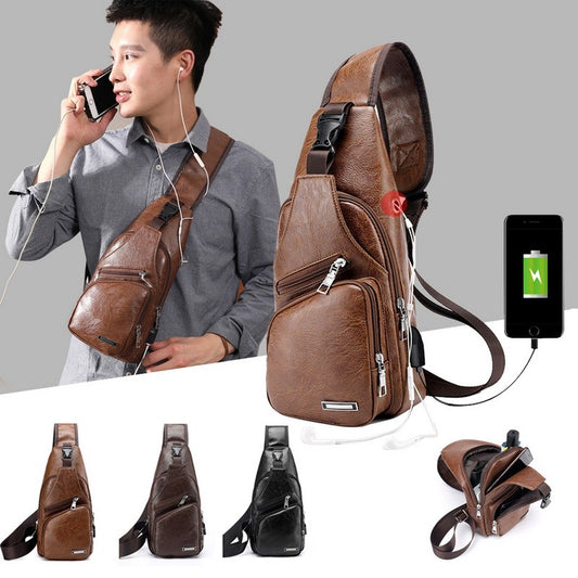 PU Leather USB Chest Bag
