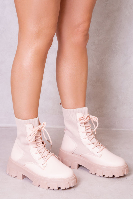 ALORAH CHUNKY BOOT WITH KNITTED SOCK IN BEIGE
