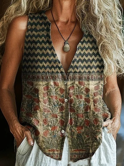 Trendy Button Floral V-neck Shirt