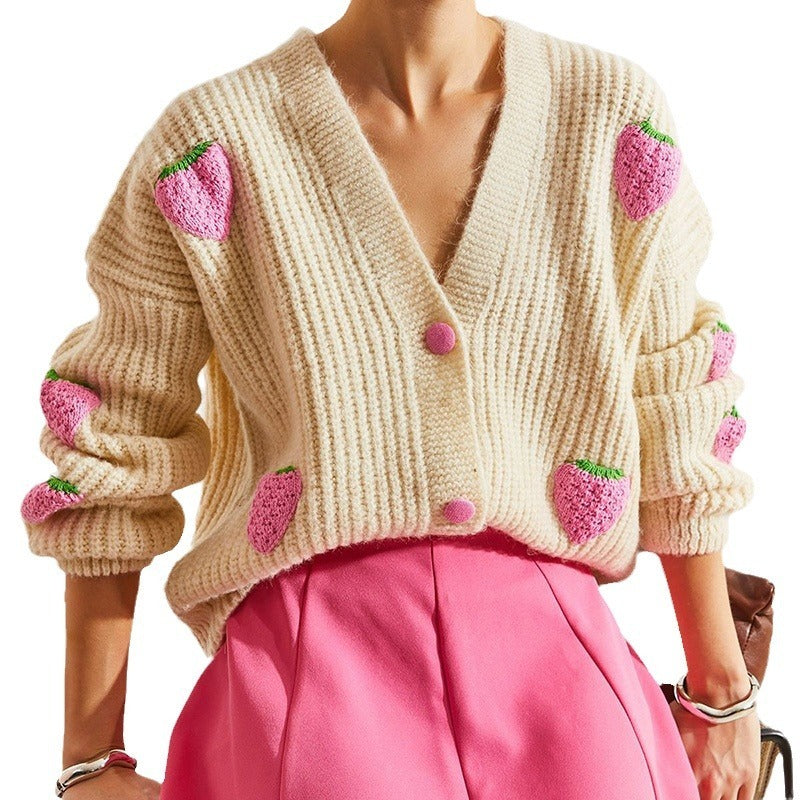 Cardigan pull en V beige décoratif et élégant