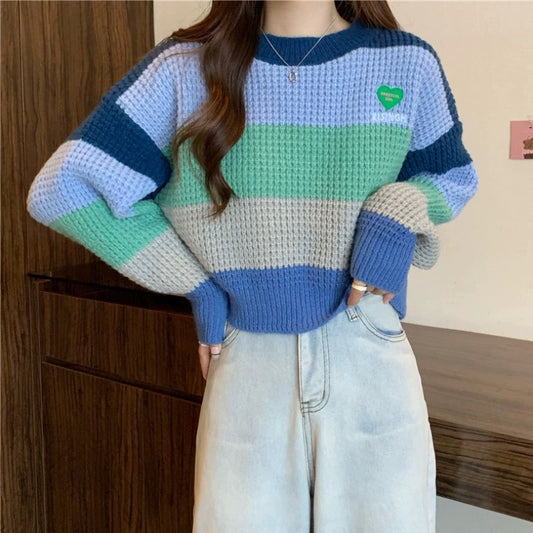 Loose Color Matching Knitwear Pullover Stripe Rainbow Sweater For Women
