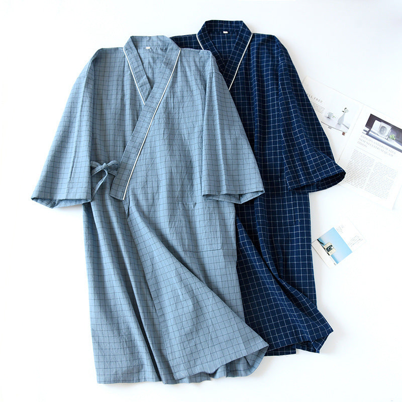 Spring And Summer Japanese Men's Kimono Nightgown Bathrobe Washed Cotton Gauze