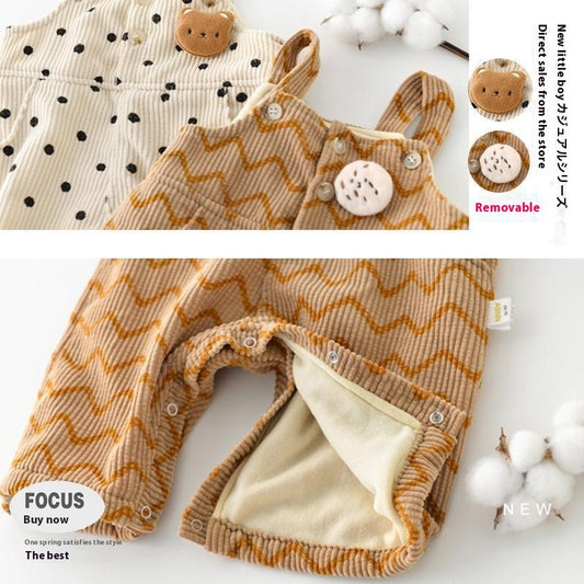 Dots And Stripes Corduroy Fleece-lined Bib Pants