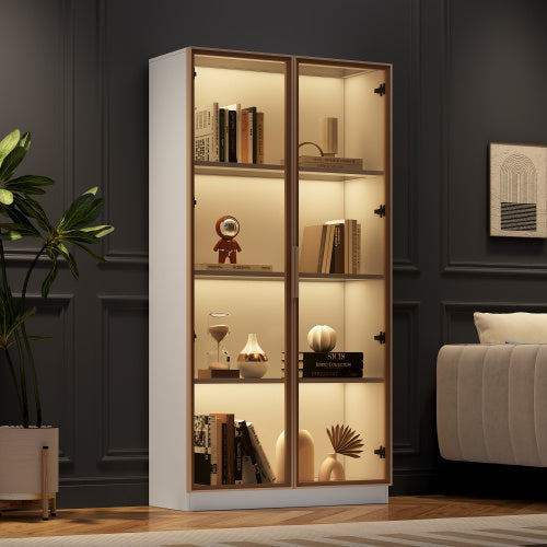 LED Display Cabinet, Clear Display Case For Figures, Storage Shelves With Tempered Glass Door, Storage Cabinet Floor Standing Transparent Showcase 160x80x40 Cm White