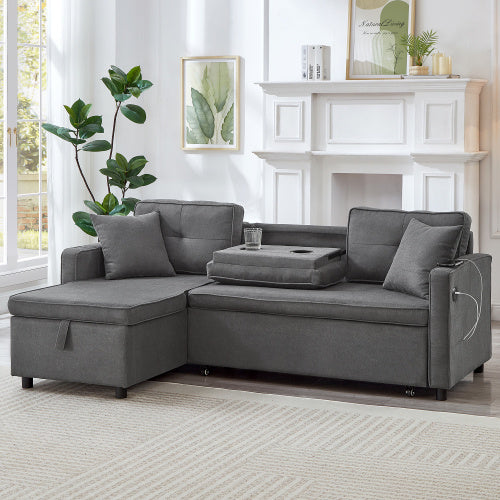 L-Shaped Pull Out Sleep Sofabed, Modern Reversible Sleeper Sectional Sofa, 3 In 1 Convertible Sofa Bed With Storage Chaise, Drop-Down Table, Cup Holders And Charging Ports, Grey