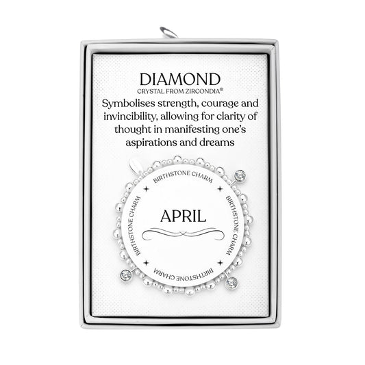 April (Diamond) Birthstone Stretch Charm Bracelet with Quote Gift Box