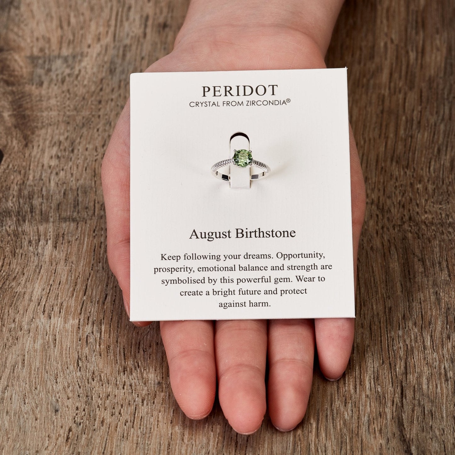 August (Peridot) Adjustable Birthstone Ring Created with Zircondia® Crystals