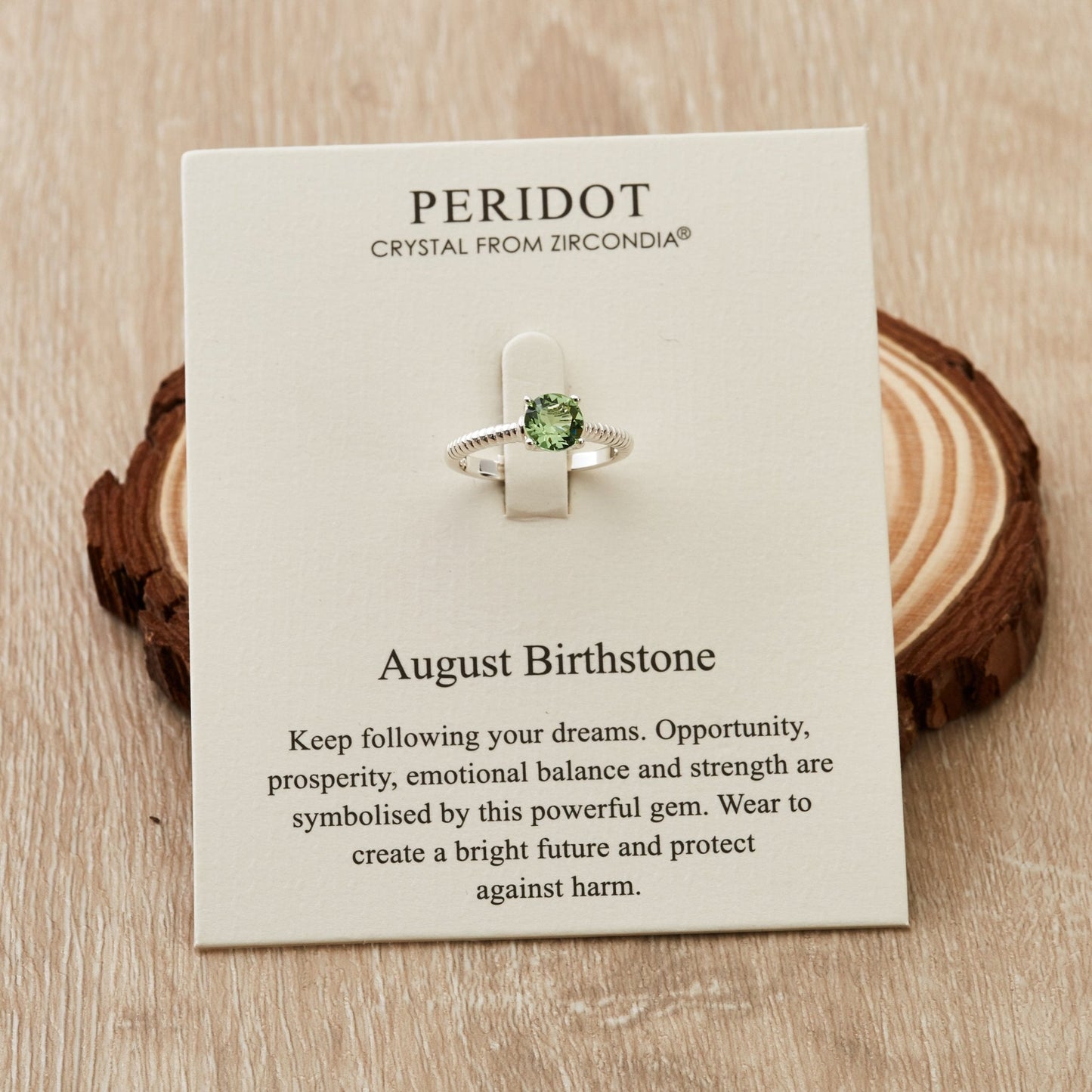 August (Peridot) Adjustable Birthstone Ring Created with Zircondia® Crystals