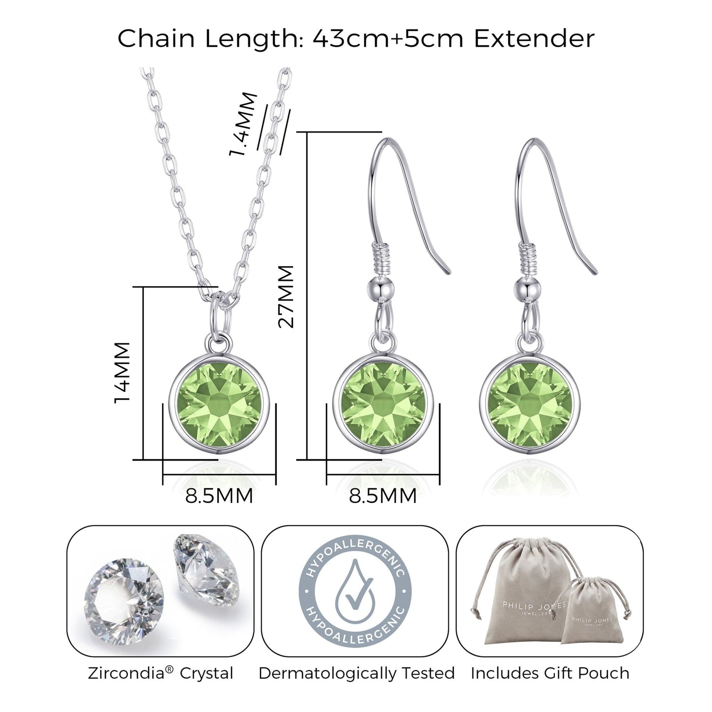 August (Peridot) Birthstone Necklace & Drop Earrings Set Created with Zircondia® Crystals