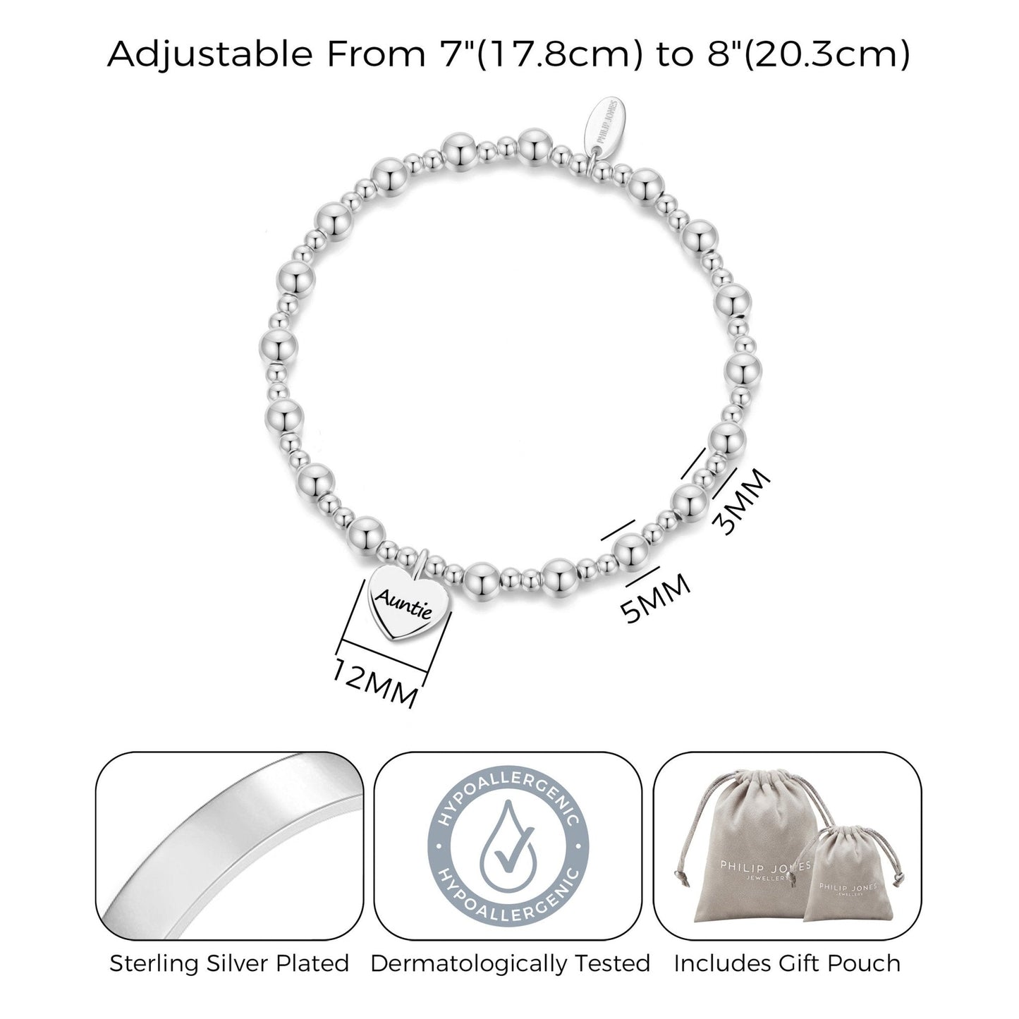 Auntie Heart Charm Beaded Stretch Bracelet