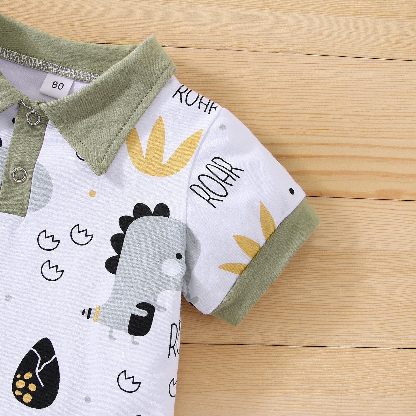 Ensemble short et haut à manches courtes en coton à revers motif petit dinosaure pour garçon