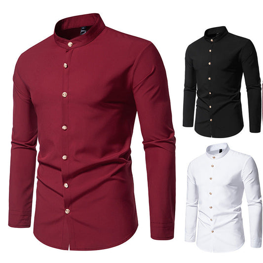 Chemise de soirée unie pour homme à manches longues avec boutons métalliques