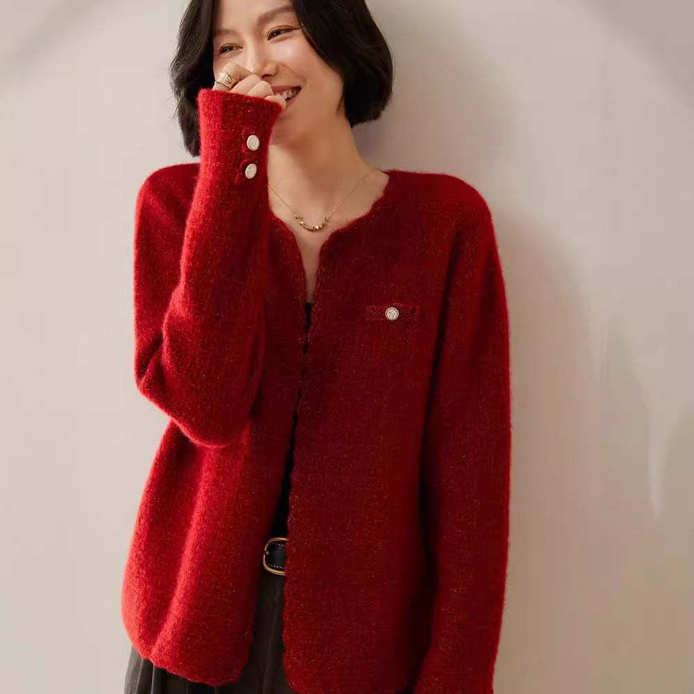 Cardigan en cachemire pour femme Manteau Chanel en maille ample Col rond Manches longues