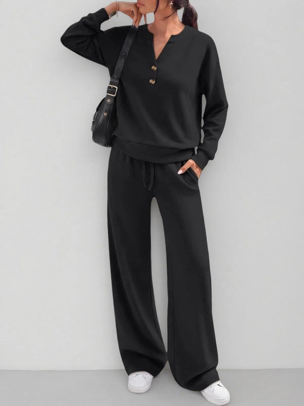 Loose long sleeve top and wide leg pants two piece set - view 6