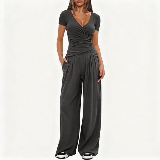 Women's Short Sleeve Sportswear & Wide Leg Pants Set