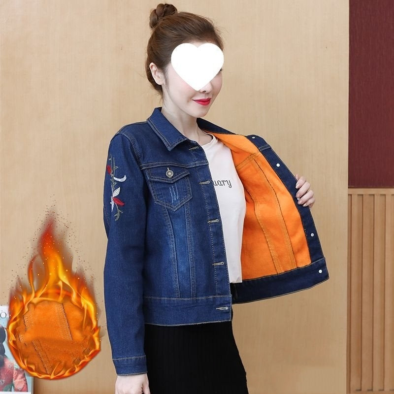Veste en jean femme doublée polaire épaissie, coupe ajustée, grande taille, extensible