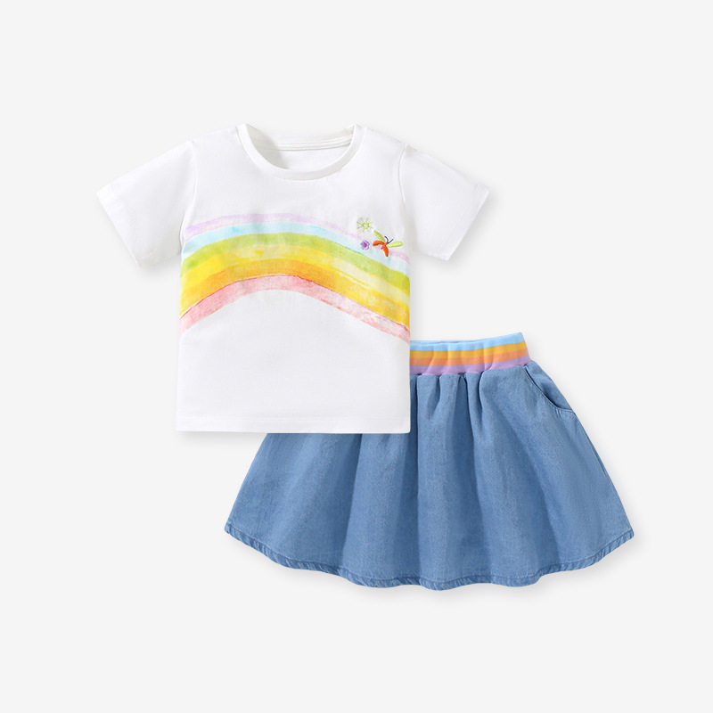 Summer Girls' Short Sleeved T-shirt Denim Skirt Set