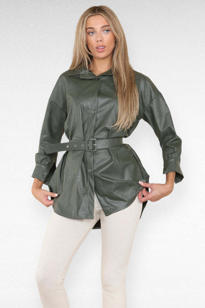 Robe chemise aspect mouillé en similicuir PU avec ceinture