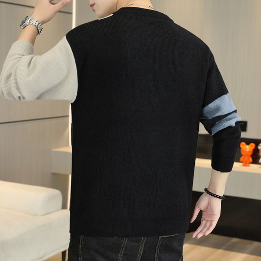 Mens Color-block Crew Neck Warm Sweater
