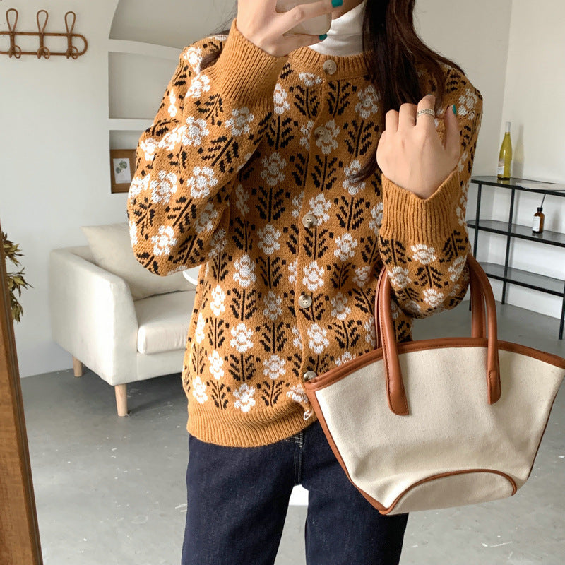 Flower Round Neck Sweater Women Cardigan Jacket - Stuffs & Savers