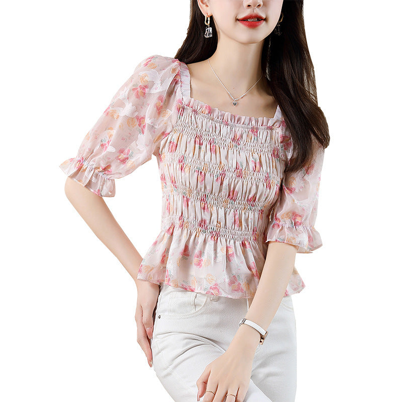 Chemise florale à col carré de style français pour femmes