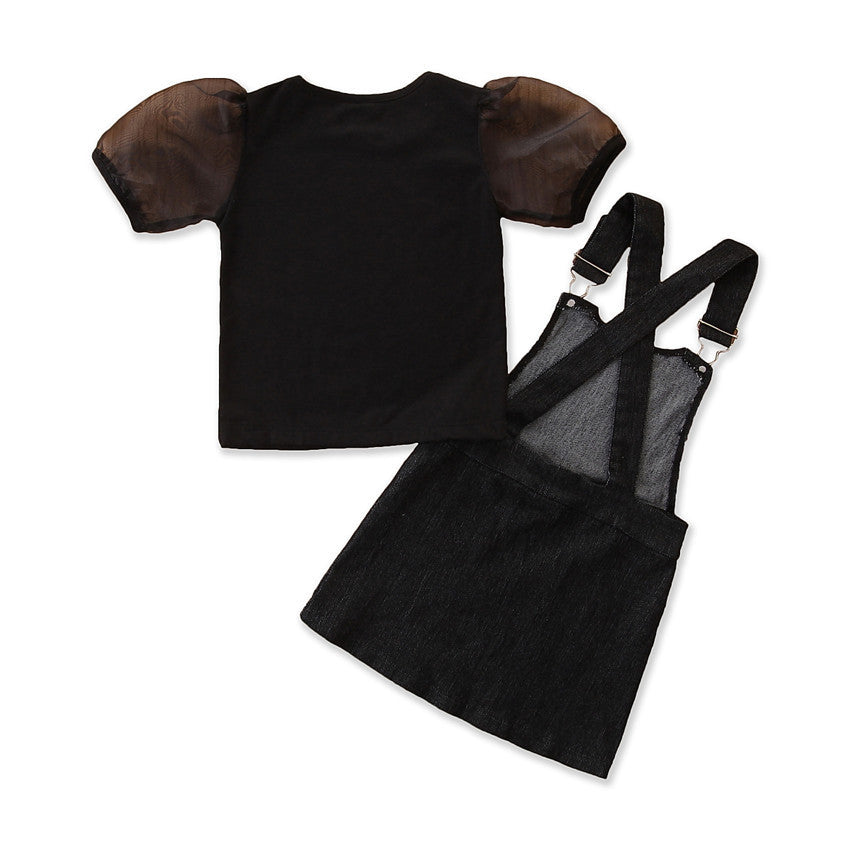 Ensemble fille à manches courtes T-shirt noir à manches bouffantes