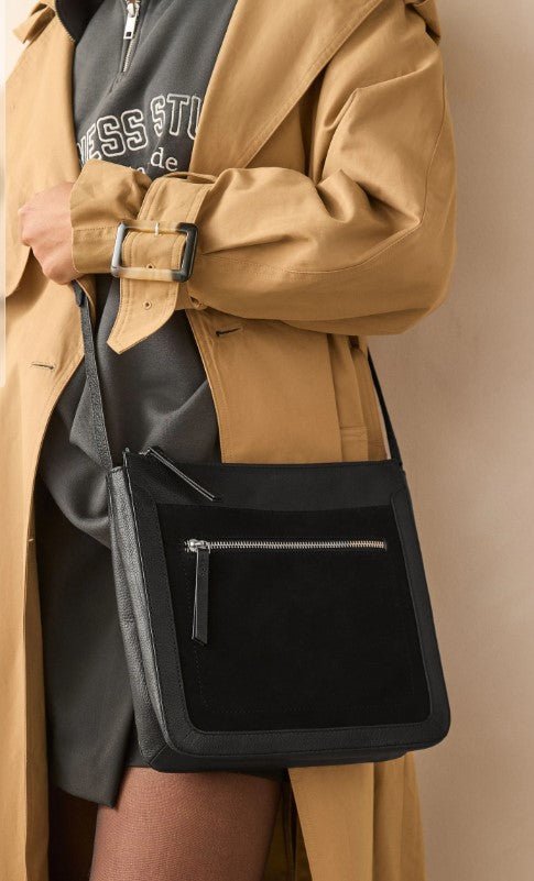 Black Leather Pocket cross body Messenger Bag