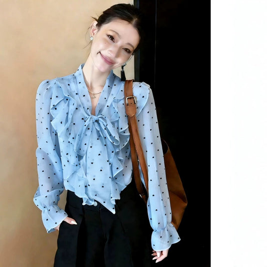Polka-Dot Ruffle-Bow Chiffon Shirt