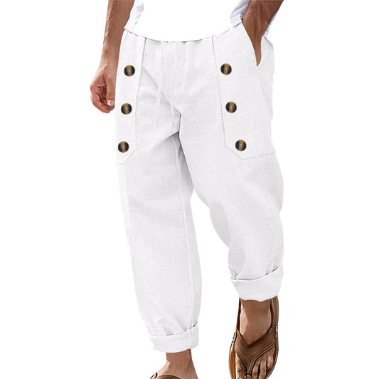 Pantalon homme en coton et lin Hawaii Beach avec plusieurs boutons