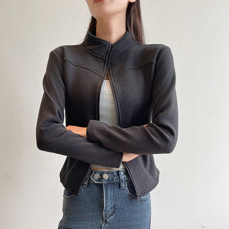 Stand Collar Short Coat Cashmere Hoodie Women Plus Velvet Thickening