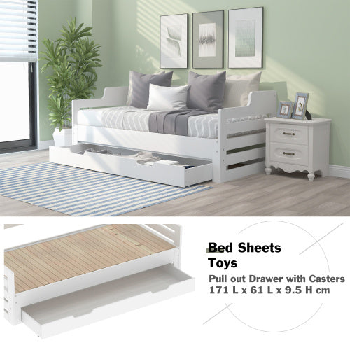 Daybed, Trundle And Drawer, Cabin Bed, SIngle Guest Bed Sofa Bed, Pull Out Trundle And Storage Drawer For Living Room And Bedroom - 3 90 X190 Cm - White