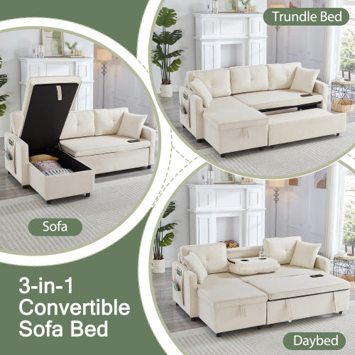 L-Shaped Pull Out Sleep Sofabed, Modern Reversible Sleeper Sectional Sofa, 3 In 1 Convertible Sofa Bed With Storage Chaise, Drop-Down Table, Cup Holders And Charging Ports