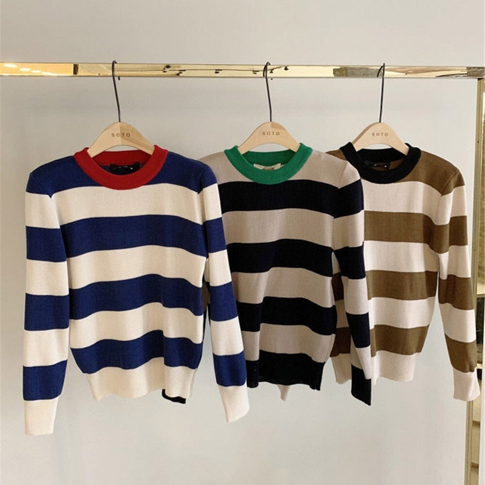Retro Outer Wear Pullover Horizontal Striped Sweater Women - Stuffs & Savers