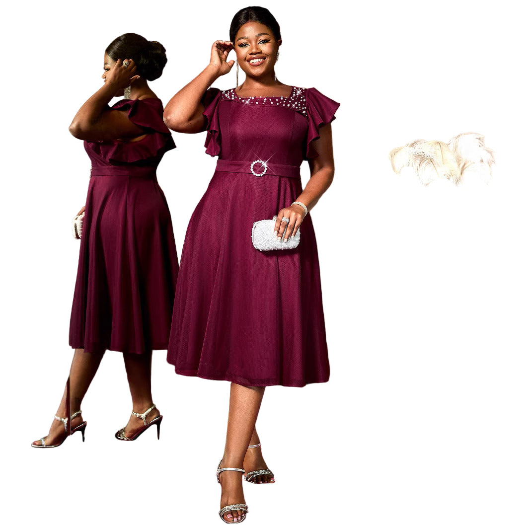 Robe d'été en maille pour femme – Manches papillon à volants, tenue élégante pour fête et invitée de mariage