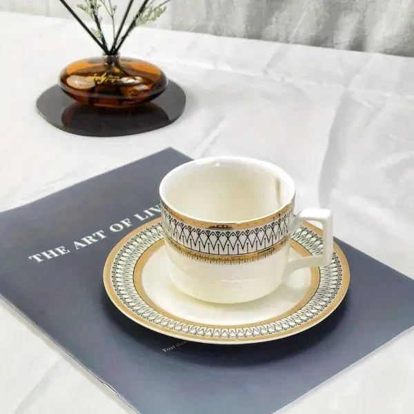 Ceramic Mug and Saucer Set with Golden Edge (1 Set)