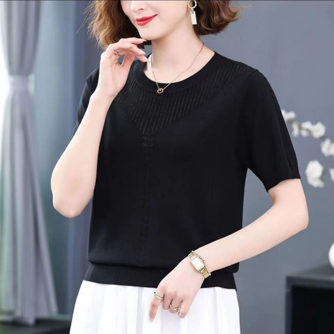 T-shirt tricoté à manches courtes col rond ajouré en soie glacée pour femme
