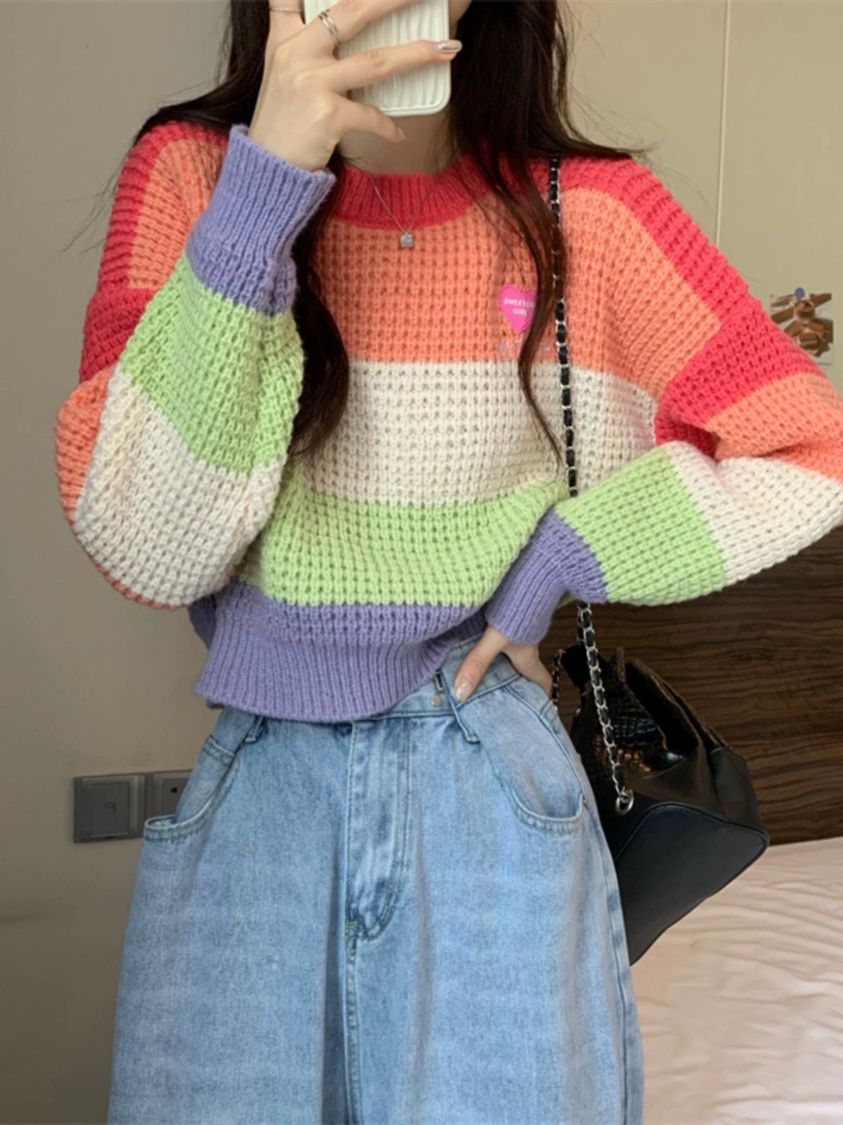 Pull en maille ample avec rayures arc-en-ciel pour femmes
